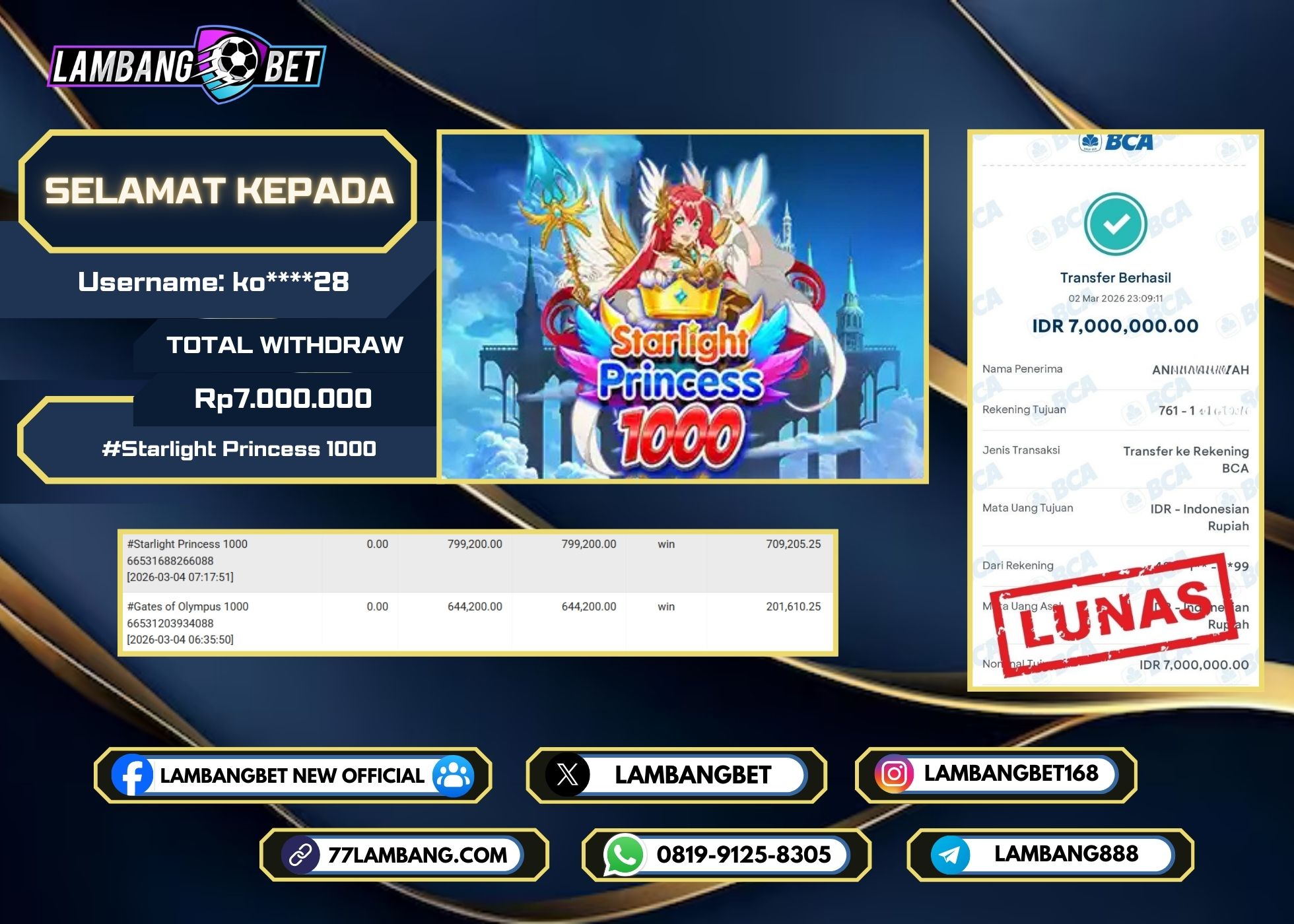 LAMBANGBET [2 MARET 2026] JACKPOT SLOT Starlight Princess 1000 "Rp7.000.000" LUNAS